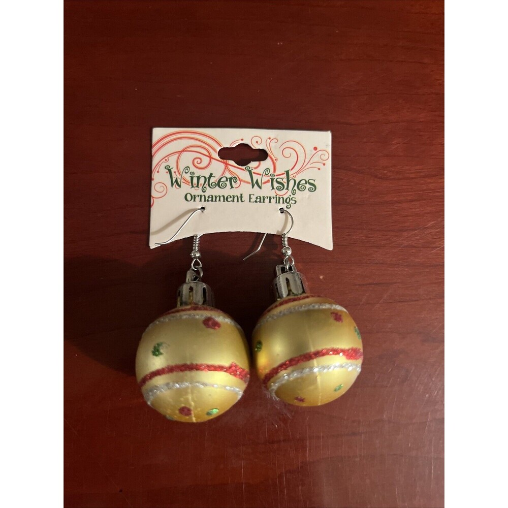 Winter Wishes Christmas Ornament Dangle/Drop Earrings - Gold w/Green & Red‎